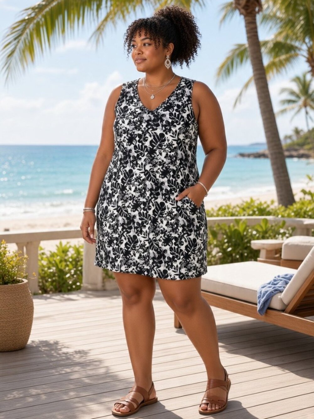 Briggs Floral Shift Dress Womens Large Black White Linen Blend Sleeveless V-Neck